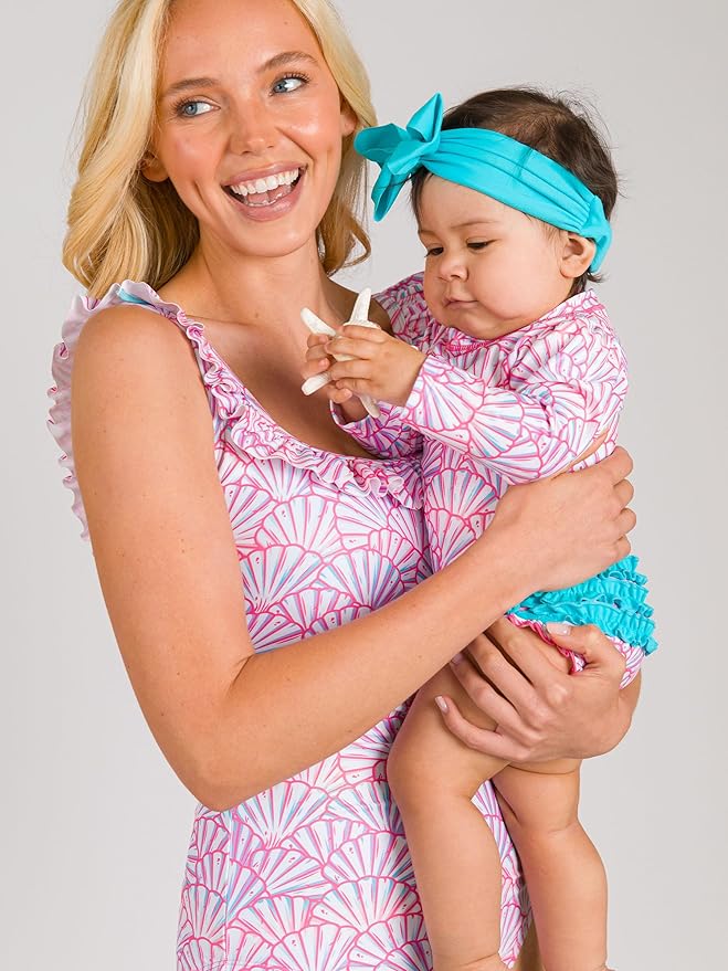 RuffleButts Baby Girls UPF 50+ Sun Protection Novelty Print Long Sleeve One Piece Rash Guard Swimsuit with Zipper