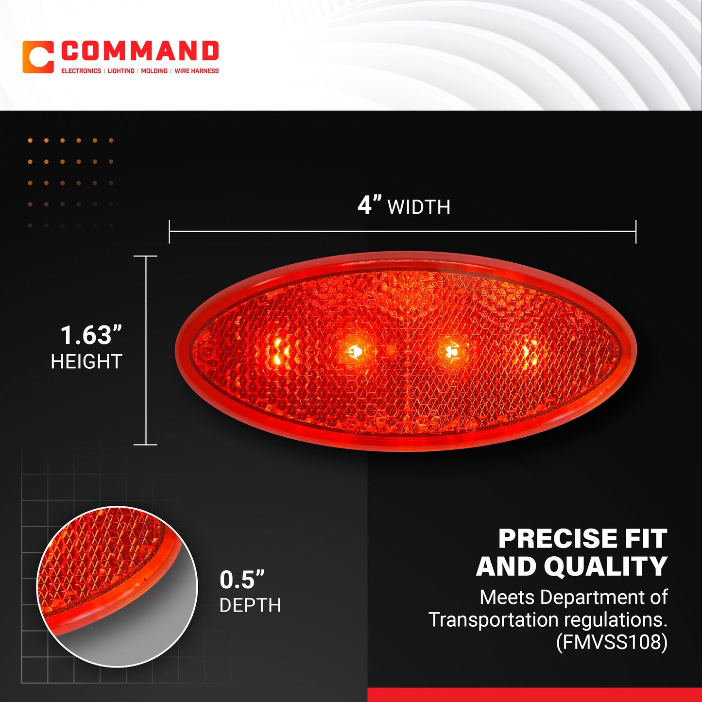 Command Electronics Oem 12V Led Rv & Trailer Oval Clearance Light With Built-In Reflex - Made In Usa - Surface Mount - Red - 2-Pack