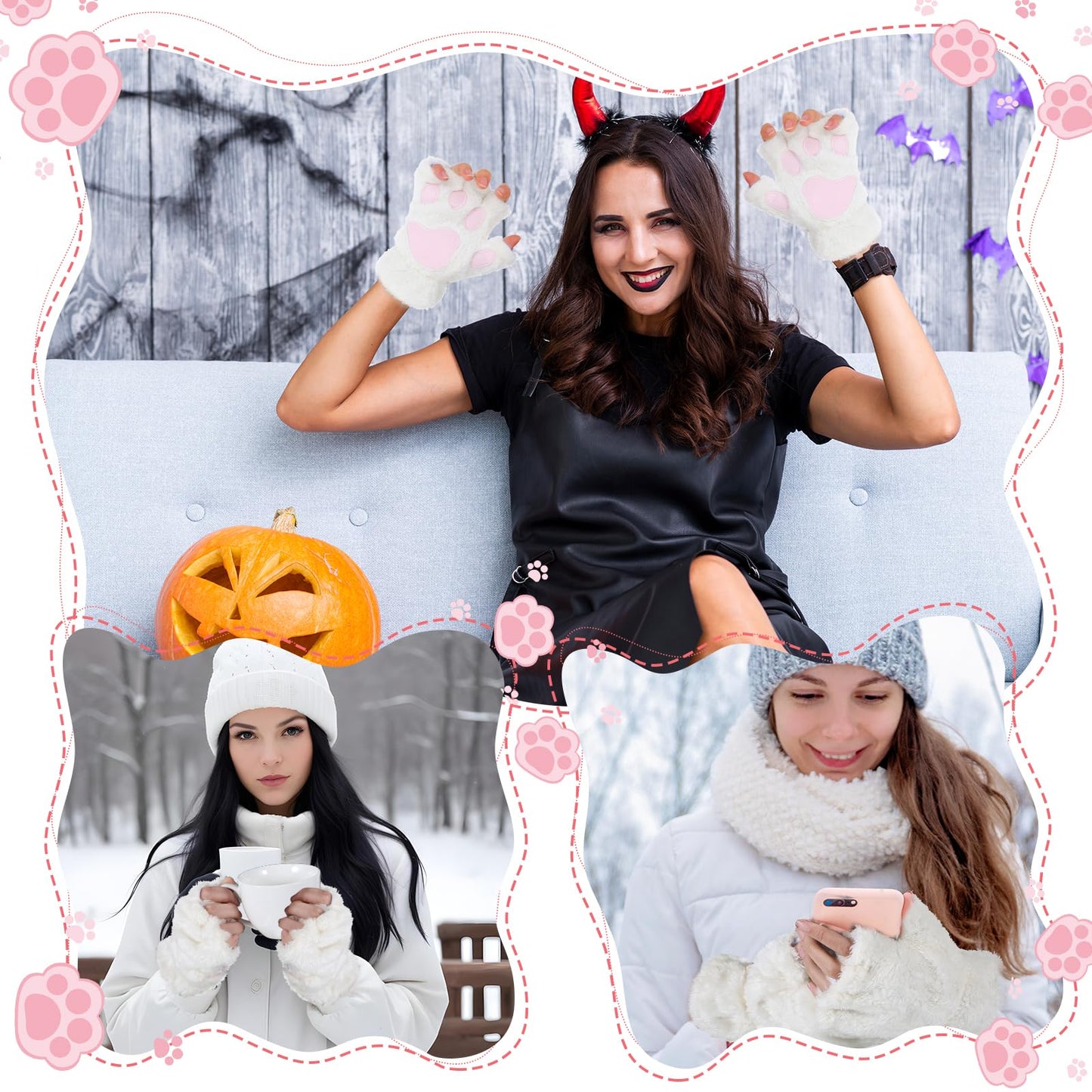 Tyqour 1 Paris Cat Paw Gloves Fingerless Furry Paws Cute Furry Costume White Gloves Kawaii Cat Glove for Women Girls Accessories for Cosplay Glove Novelty Clothing Hand Paw Gear