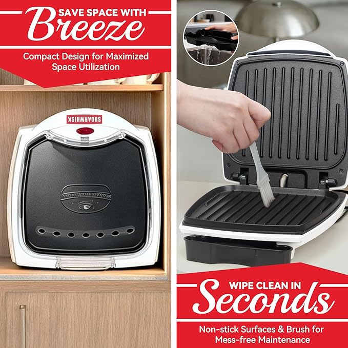2 In 1 Hamburger Grill Maker, Electric Indoor Grill and Panini Press with Non-stick Grill Plates, 1200W, Easy to Clean and Store, White