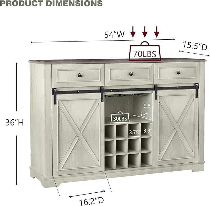 Farmhouse Wine Bar Cabinet with Storage, Liquor Cabinet with Rack for Inside Cabinet, Coffee Bar Cabinet with Sliding Barn Door, Buffet Table for Kitchen, Living Room, 54 Inch (Antique White)