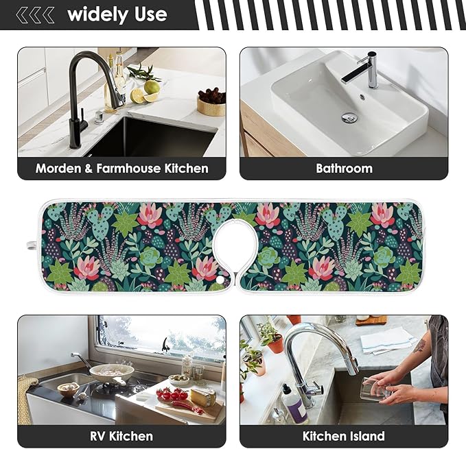 Kitchen Faucet Absorbent Mat,Succulent Plants Cactus Water Splash Guard for Sink, Faucet Drip Catcher Thicken Sponge Microfiber Faucet Water Catcher Mat Sink Absorbent Mat for Kitchen 14x5in 2Pack