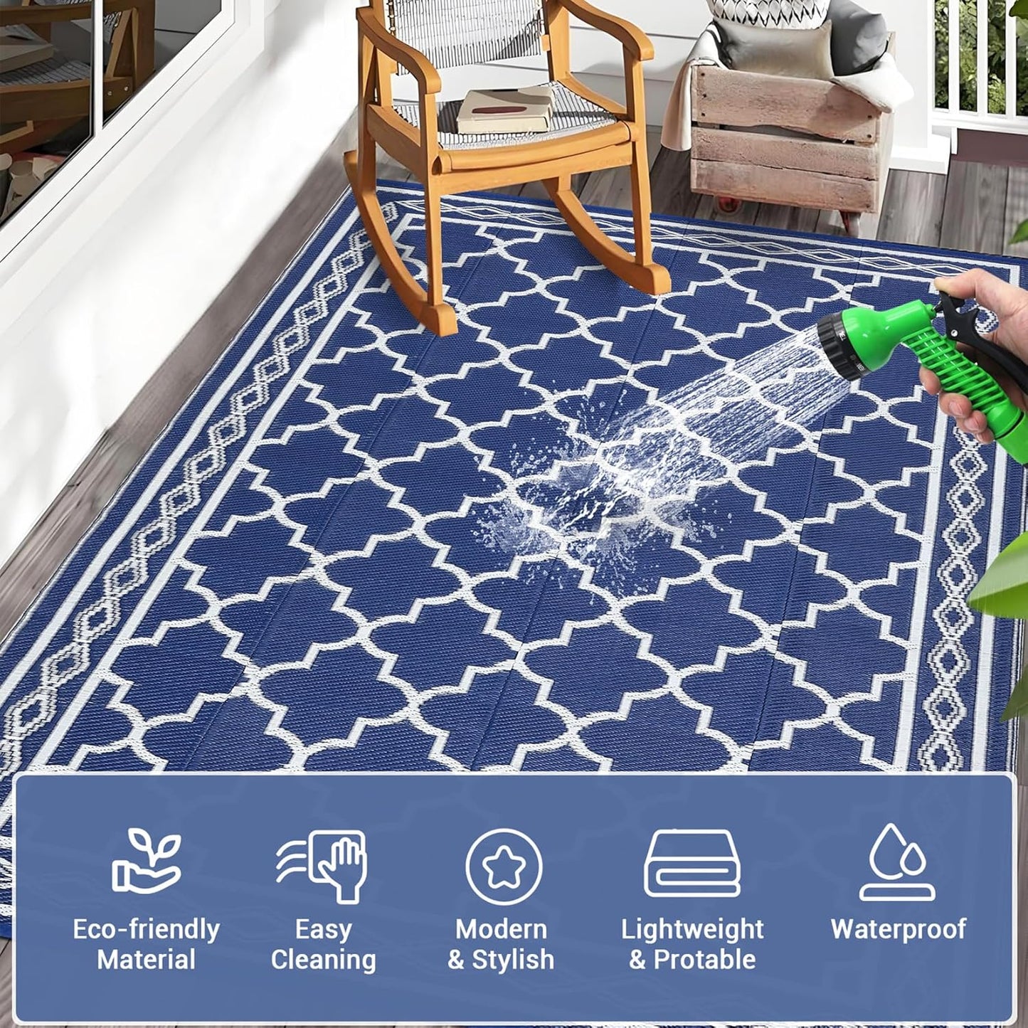 GAOMON Outdoor Rugs Patio Camping Waterproof Rug 6'x9' Plastic Straw Patio Rug Portable for Campers, Outside RVs Mat for Patios Clearance, Backyard Porch, Balcony, Navy/White(Geometric)