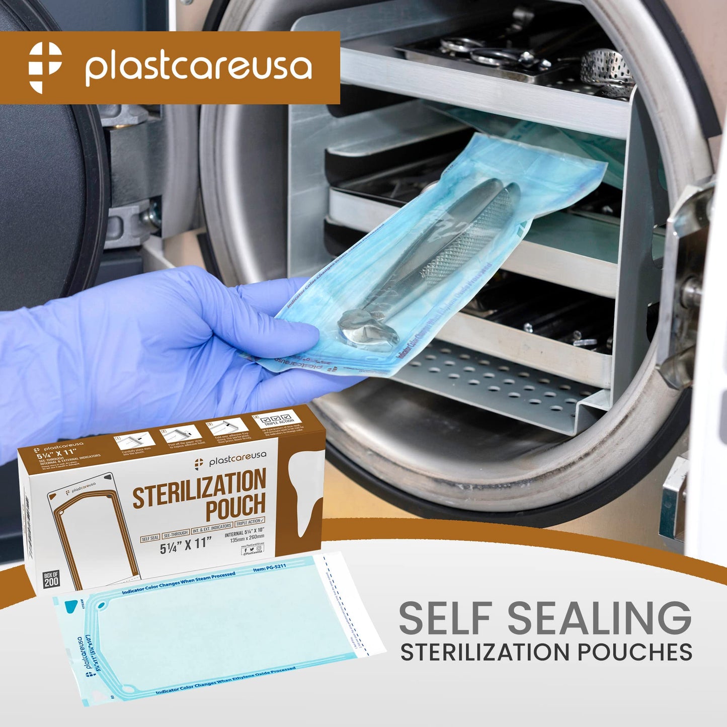 200 5.25 x 10 Self Sealing Sterilization Pouches - Autoclave Sterilizer Bags Pouch for Sterilizing Dental Medical Instruments and Cleaning Tools - Latex-Free, Color Changin Indicator by PlastCare USA