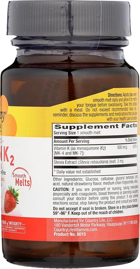 Country Life Vegan Vitamin K2, 500 mcg, Dual Spectrum MK-4 and MK-7 Complex, Supports Bone & Teeth Health, 60 Chewable Tablets, Strawberry Flavor
