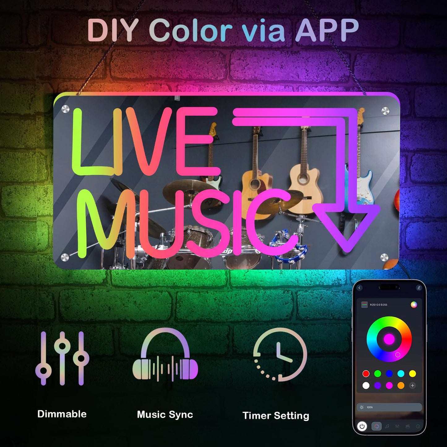Wanxing Live Music Neon Sign, LED Wall D?or, App-Controlled Color, Mirror Finish