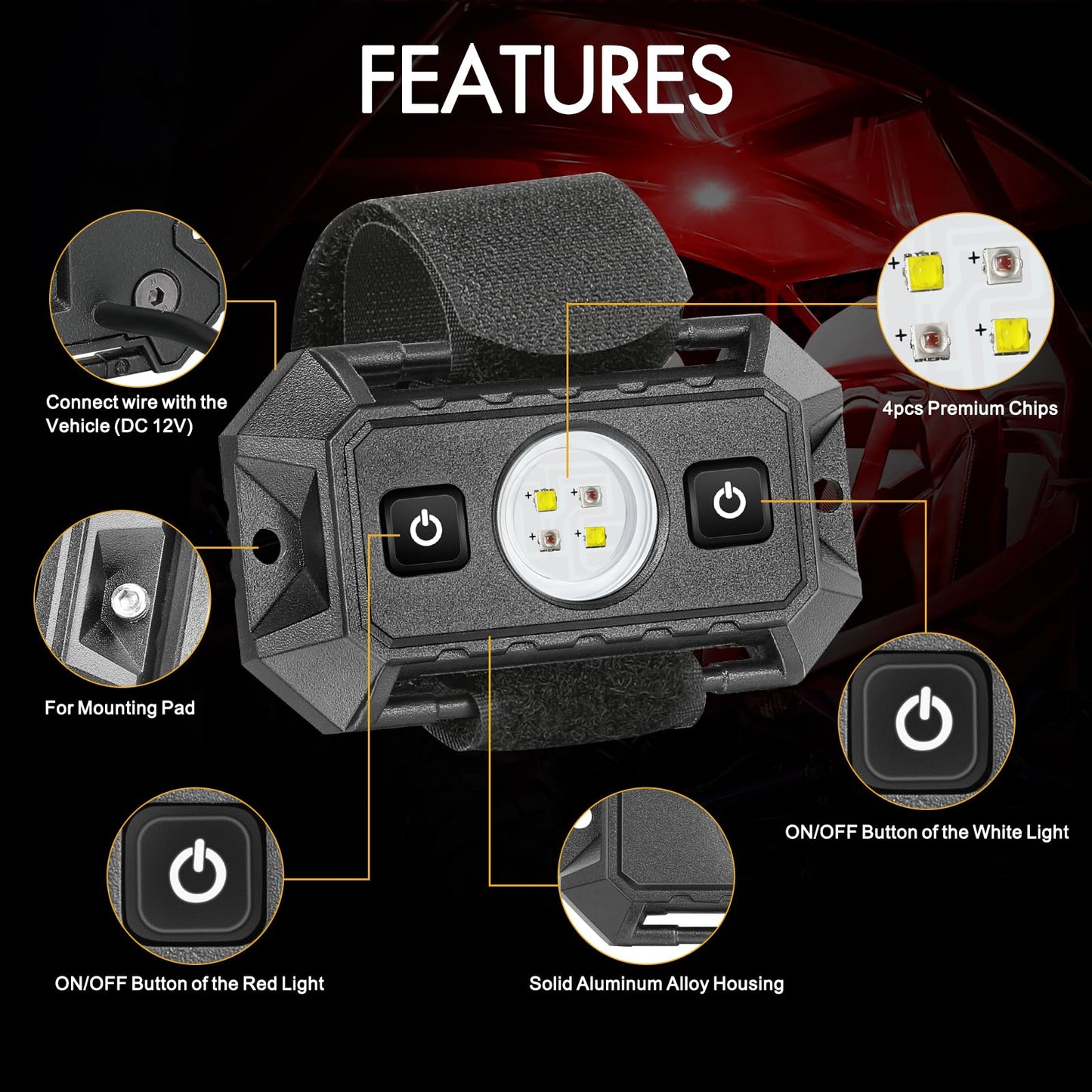 Utv Interior Dome Lights 12V Wired  Rfroad Lighting Led Dome Lights Universal Roll Bar Mount Led Light Utility Roll Cage Light For Utv Atv Rzr Can-Am Truck Golf Cart Sxs Cab - White/Red 2 Pack