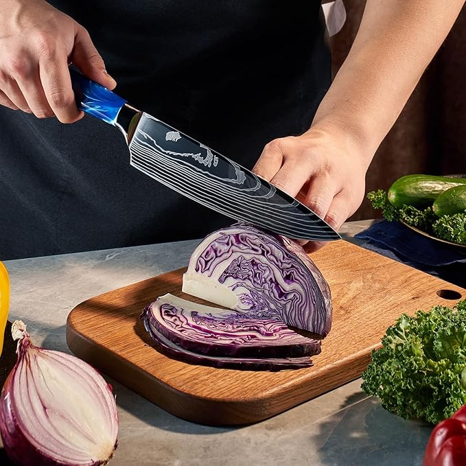 SENKEN 16-Piece Kitchen Knife Block Set - Japanese Chef's Knife Set with Laser Damascus Pattern, Includes 6 Steak Knives and Smoothly Finished Acacia Hardwood Knife Block (Blue Resin Handles)