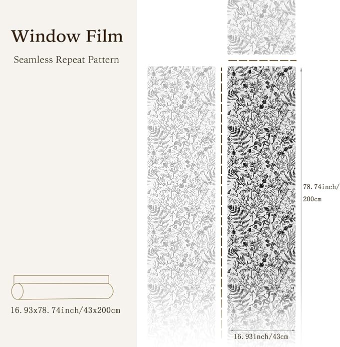 Winter Translucent Stained Window Film, Non Adhesive Floral Window Decals, Glass Door Covering Clings for Home Decorative, 16.93" W Engraved Monochrome Fern