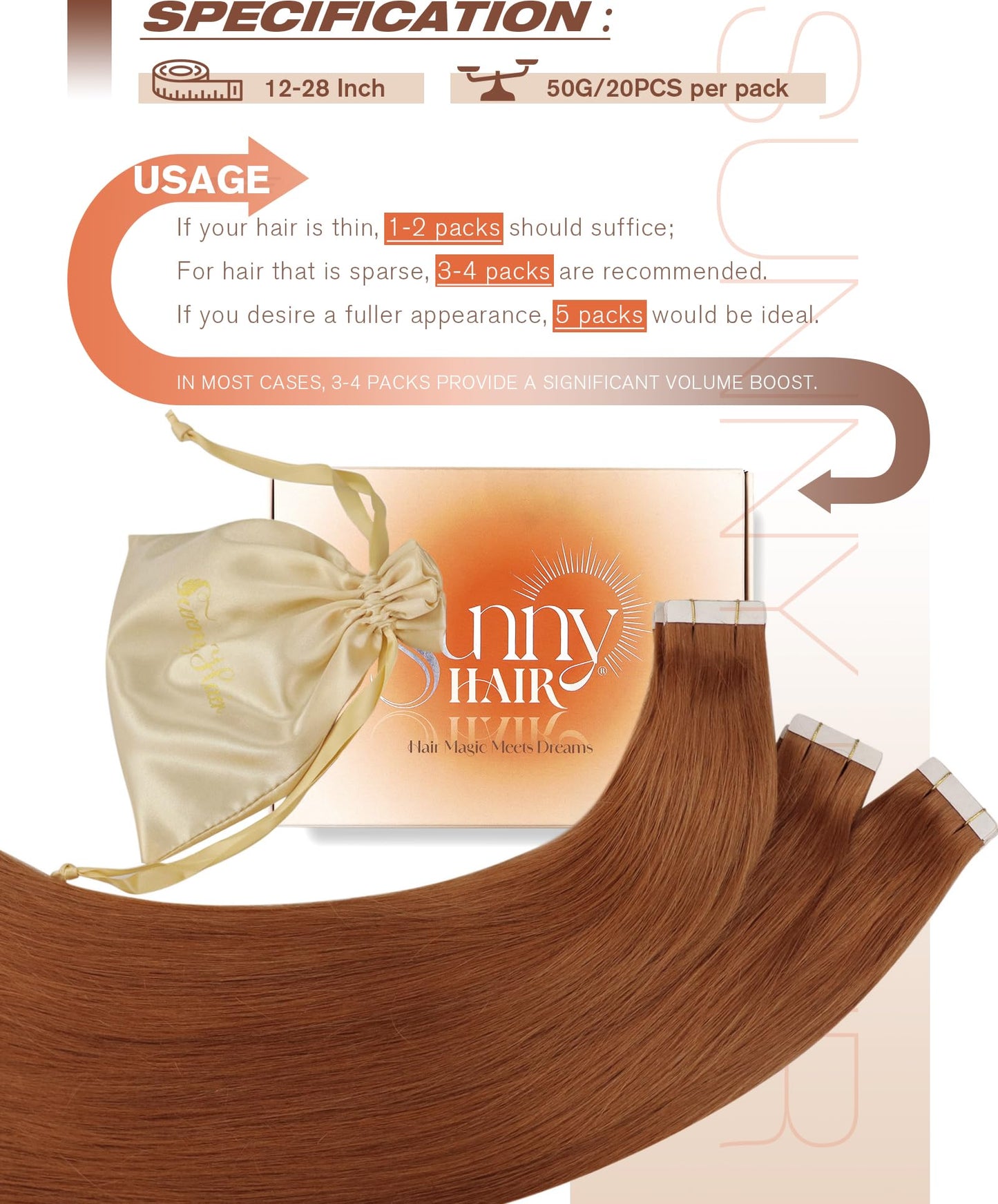 Sunny Hair Copper Tape in Hair Extensions Human Hair Glue in Hair Extensions Straight Tape ins Hair Extensions Copper for Women