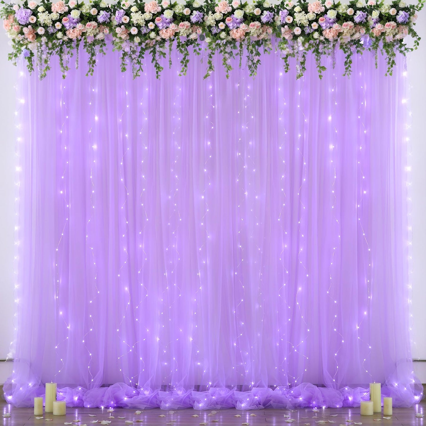 Lavender Sheer Backdrop Curtain With Led Lights For Baby Shower Girls Wedding10Ft X 10Ft Lavender Tulle Backdrop Curtain For Bri