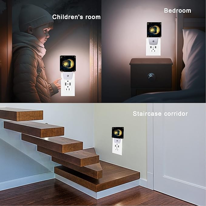 Celestial Moon Golden Sun Night Light,Boho Chic Stars Night Lights Plug into Wall with Dusk to Dawn Light Sensors 0.5W Dim Night-Lights for Bedroom