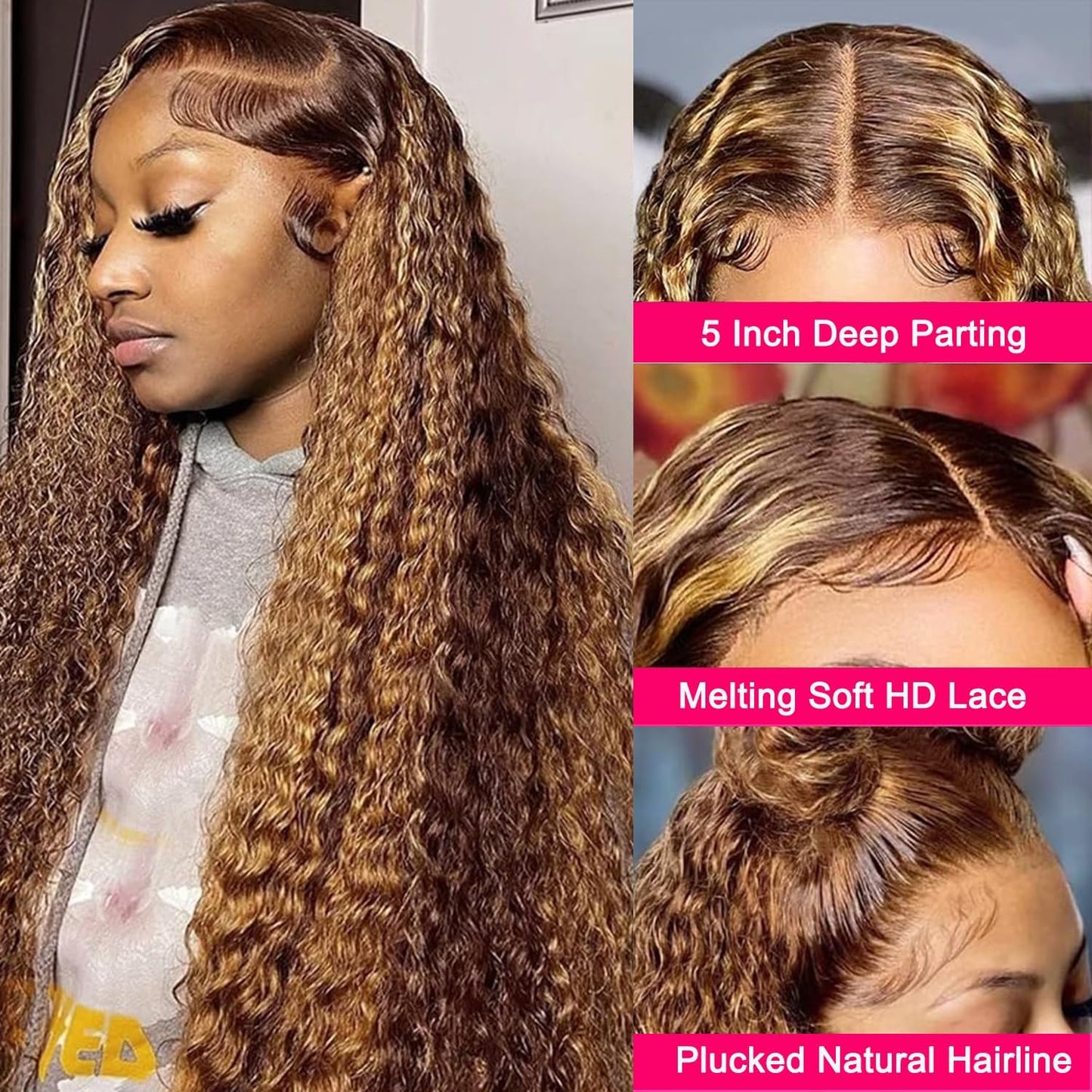 Highlight Ombre Lace Front Wigs Human Hair Deep Wave 5x5 Hd Lace Closure Wig Human Hair Honey Blonde Curly Wig Pre Plucked 180%