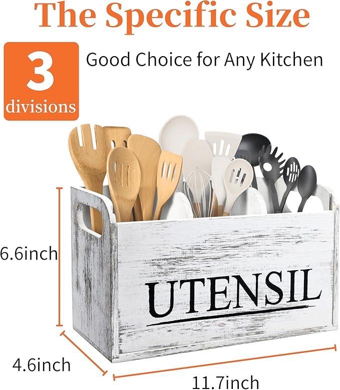 White Kitchen Utensil Holder Rustic Large Wooden Utensil Organizer Cooking Tools Storage