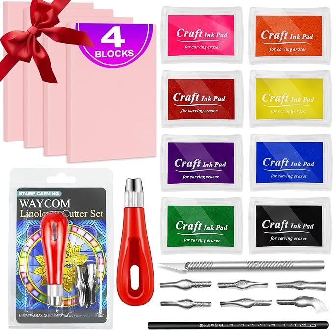 WAYCOM 18 Pcs Rubber Stamp Making Kit, Linoleum Cutter Set, Craft Ink Pad, Hobby Knife, Pencil for DIY Stamp Carving Craft