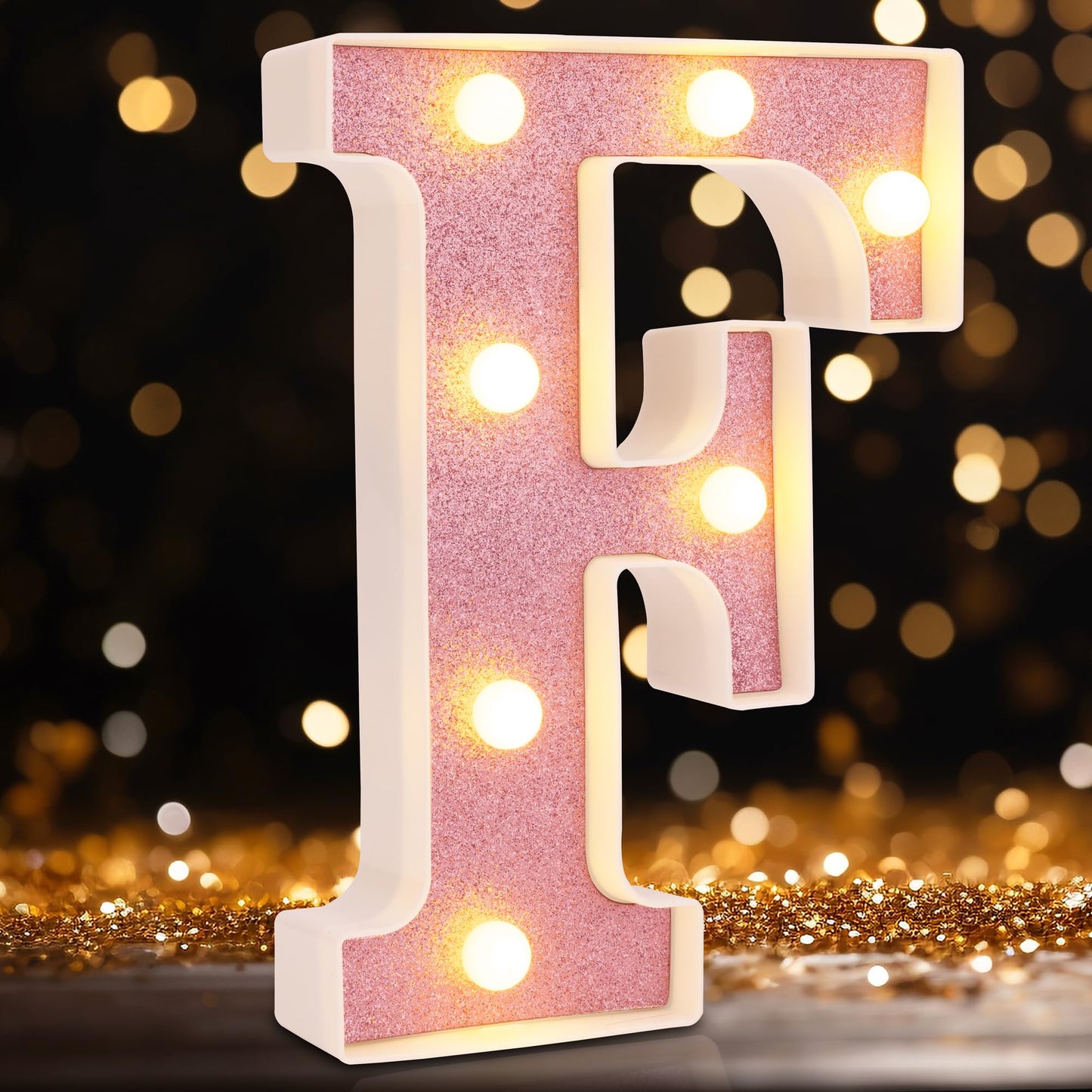 DyingSwan Small LED Marquee Letter F, 8.58 Inch Light Up Sign, Battery Powered, Pink Glitter Plastic Decor