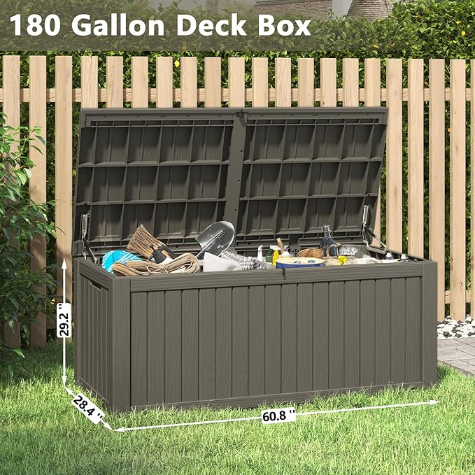 NUNU LAB 180 Gallon Outdoor Storage Box,Large Resin Sturdy Deck Box, Backyard Outside Storage Box Waterproof with Double Wall Panels,Package Delivery Garden Hose Storage Bin Outdoor Tool,Grey