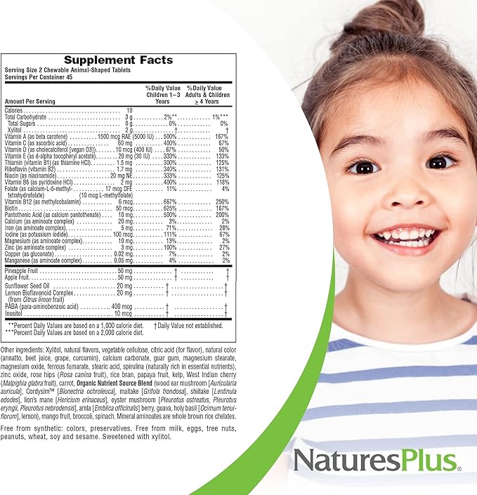 Natures Plus Animal Parade Sugar-Free Children's Multivitamin - Assorted Cherry, Grape & Orange Flavors - Pack of 2, 90 Chewable Tablets - 90 Total Servings