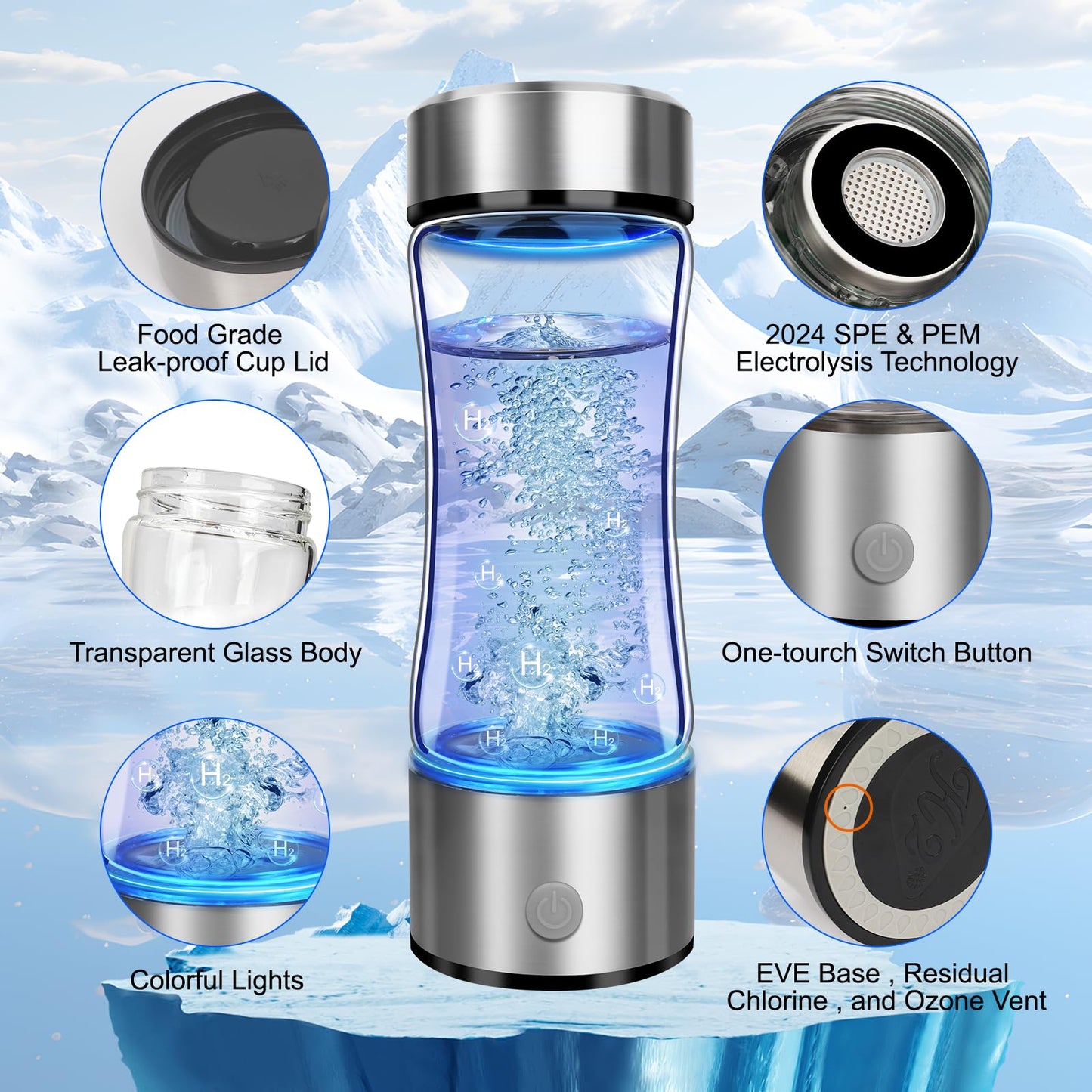 2025 Portable 4000PPB Hydrogen Water Bottle Generator, SPE PEM Tech Glass Ionizer Machine 420ml for Home, Office, Travel, Fitness – Health Benefits with USB-C Charging