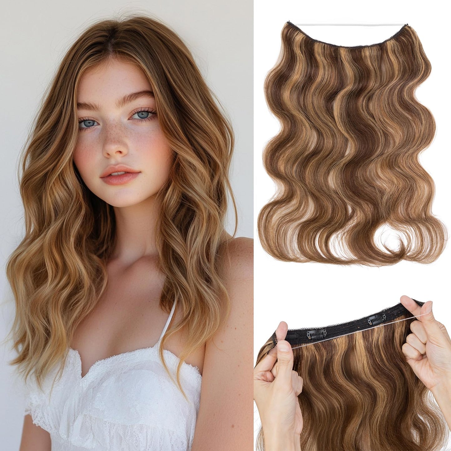 S-noilite Wavy Halo Hair Extensions Real Human Hair,20Inch Invisible Wire Hair Extensions,2 Clips Halo Extensions for Women(Medi