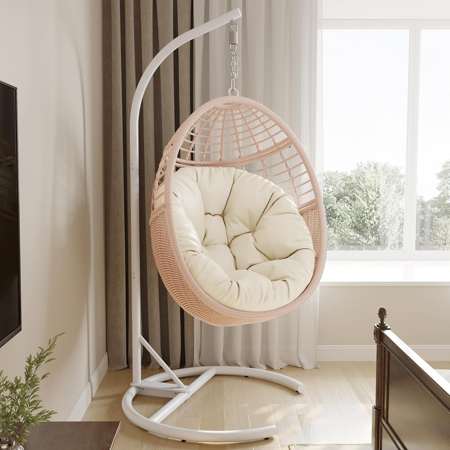 TWT Egg Swing Chair with Stand Rattan Wicker Hanging Egg Chair for Indoor Outdoor Bedroom Backyard Hammock Egg Chair with Metal Frame and UV Resistant Cushion 330lbs Capacity-Pink