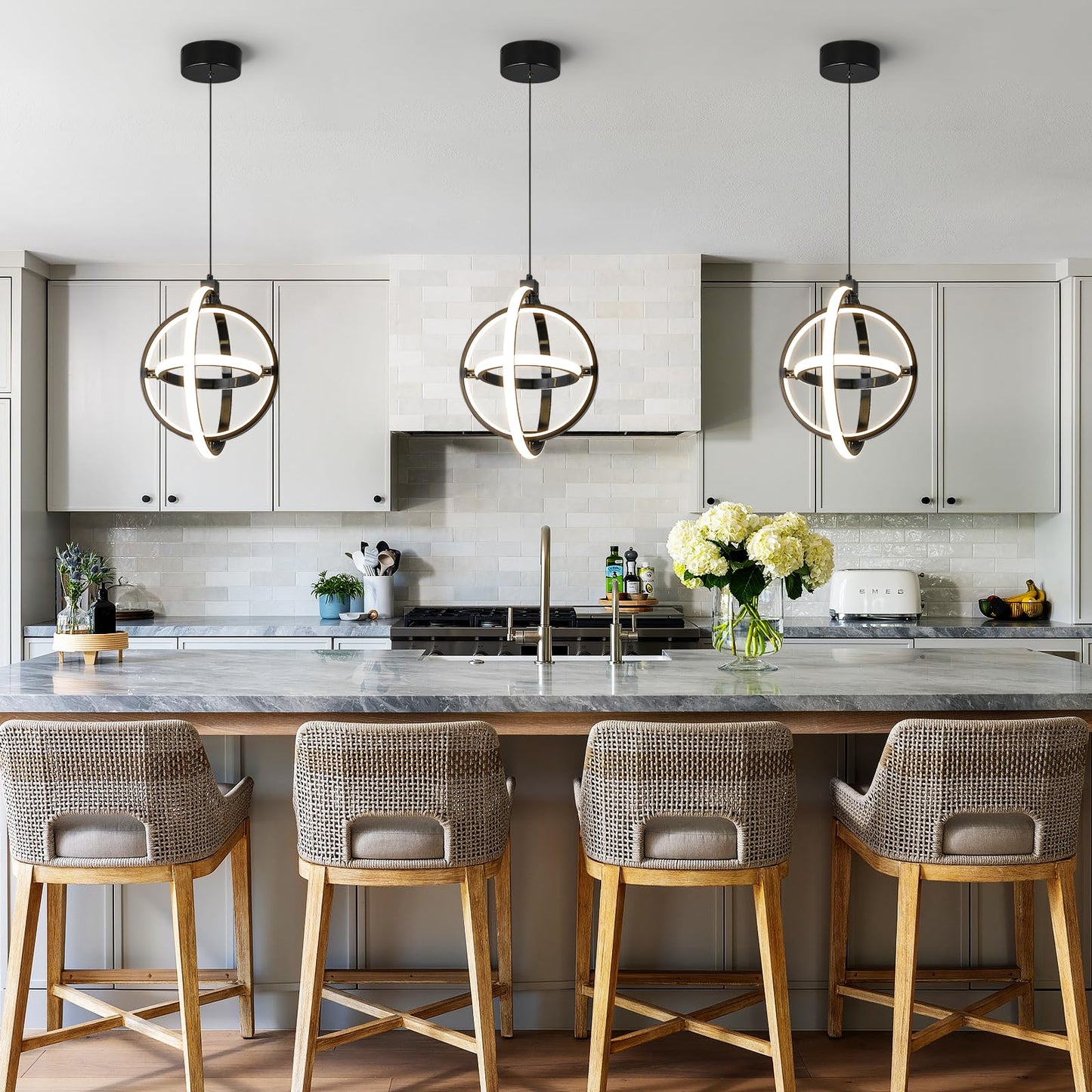 Bnhhlz Modern Led Pendant Light Black Pendant Lights 4000K Dimmable External Glow Height Adjustable Pendant Lighting For Kitchen Island Dining Room Bedroom Living Room Foyer(3-Ring)