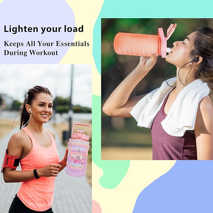 64 oz Water Bottle with Straw Sleeve & Strap Motivational Half Gallon Water Jug with Handle for Gym Women Men Aesthetic Water Bottle with Strap Unicorn