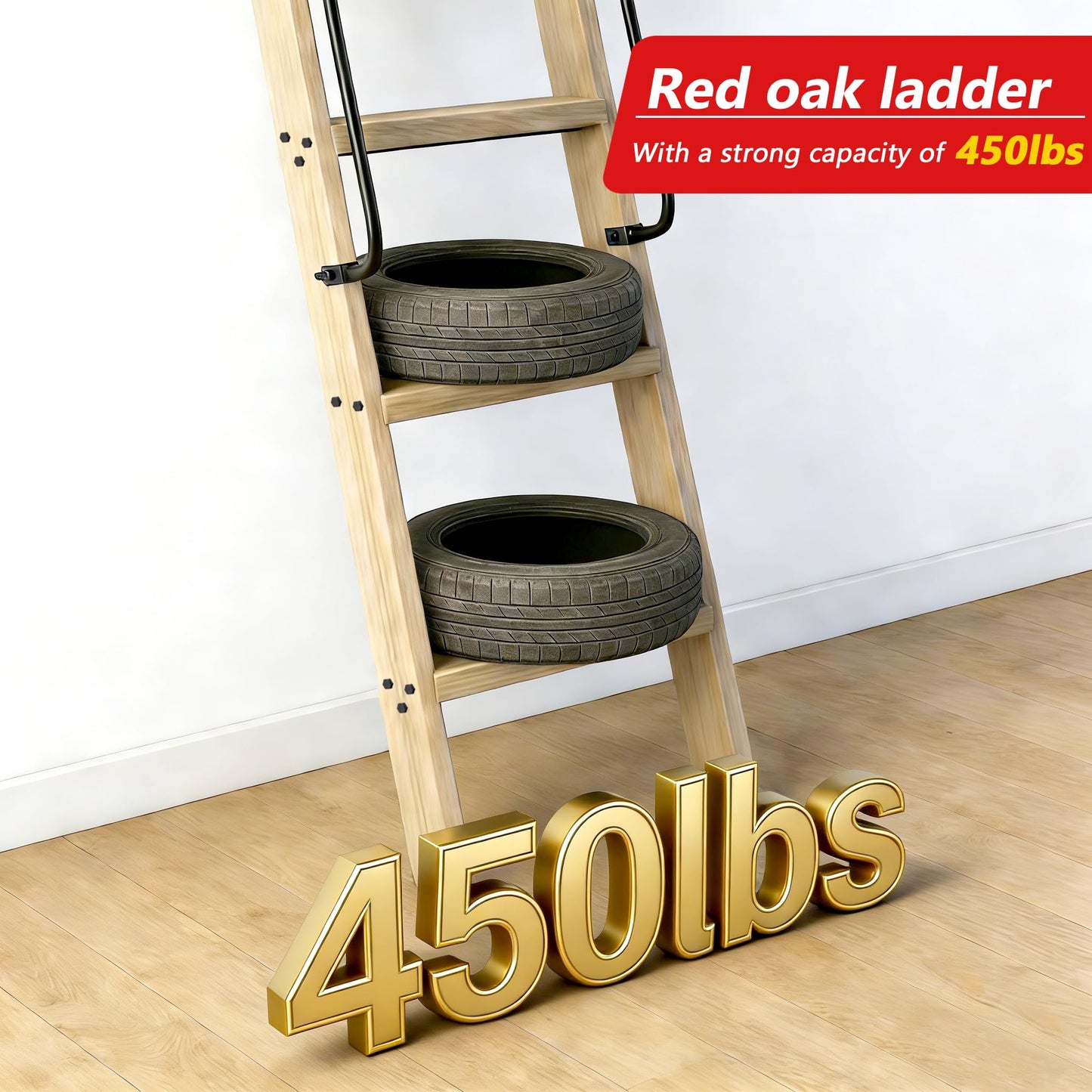 104RDHOUSE 108in Attic Rolling Library Ladder, 9 Step Wooden Ladder with,Ladder Bookshelf,Wall Stairs Red Oak Stair Platform Bunkbed Ladder,for Home Kitchen,Warehouses,Bookstore,DIY Stain