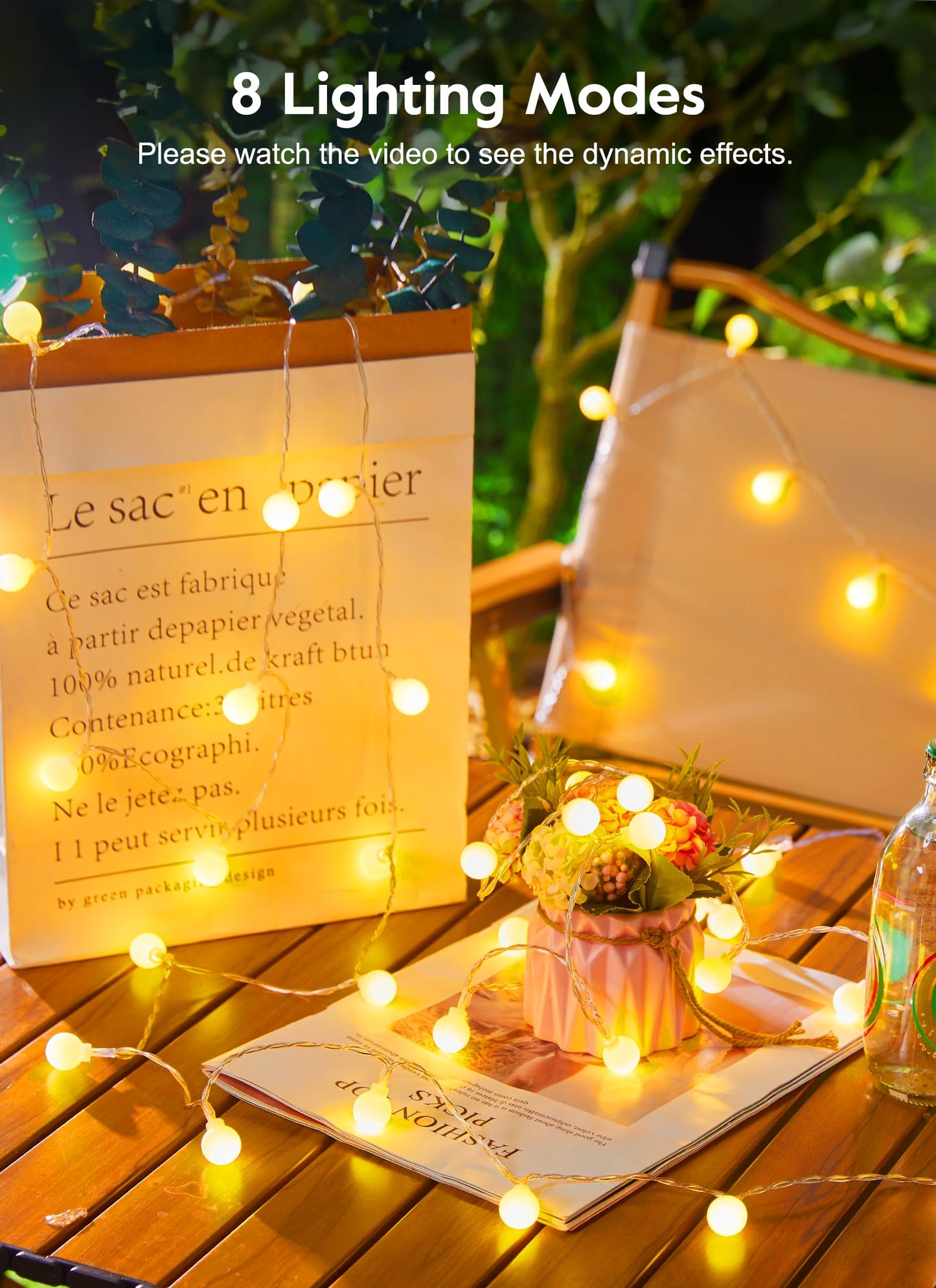 Brightown Solar String Lights, 200 LED Globe, 66Ft Total, Waterproof, 8 Modes, Warm White, Model Globe-ww-100d-2PC, 2 Packs
