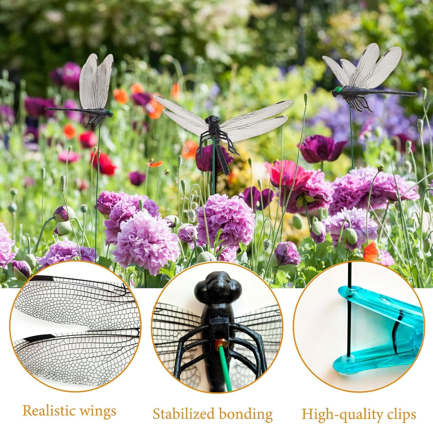Dragonfly Clips Black Dragon Fly Hat Clip Artificial Realistic 3D Dragonflies Garden Stakes Decor for Indoor Outdoor (3 Pcs)