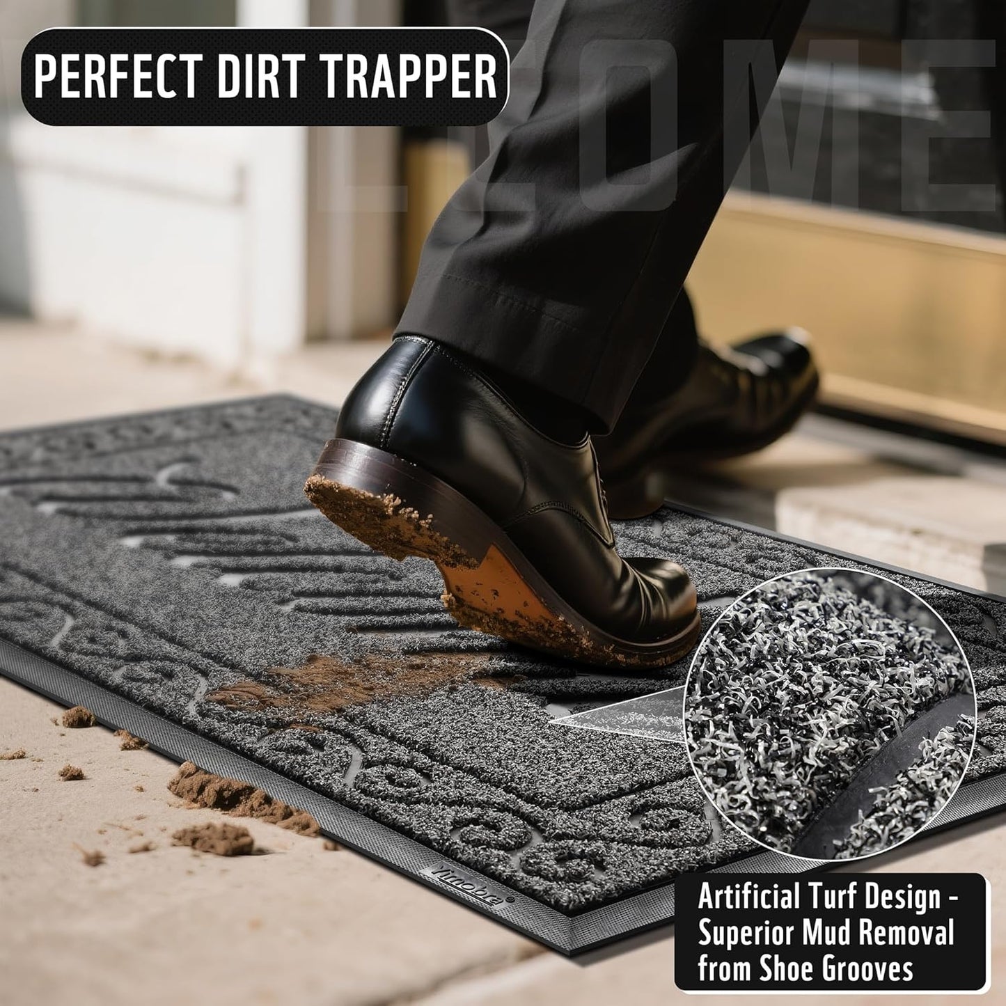 Yimobra Welcome Mat, Heavy Duty Sturdy Door Mats for Home Entrance Outdoor Indoor, Front Doormat for Outside Patio Floor Entry Porch Garage Office, Waterproof, Low Profile, 29.5x17, Black Grey