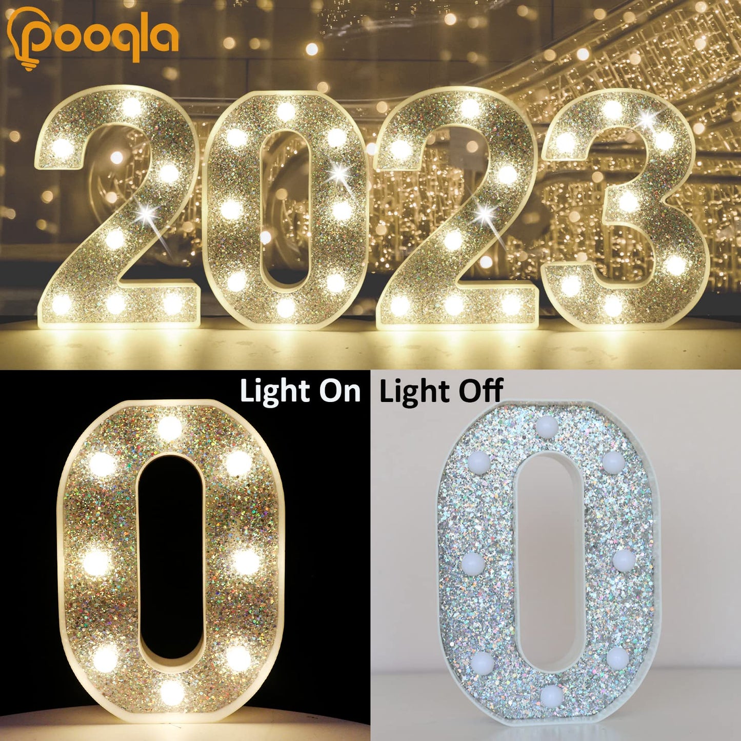 Pooqla Marquee Number Light, Battery Powered Silver Glitter Decoration for Parties, Weddings, and Home - Number 0