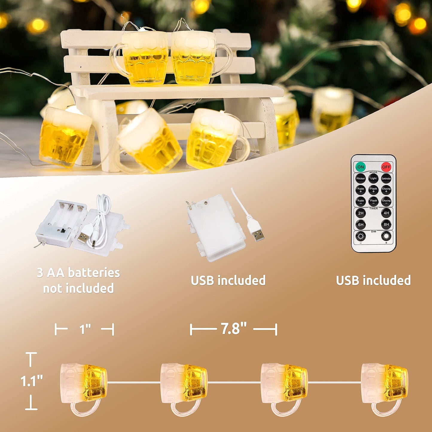 FLAVCHARM 3D malt-inspired Mug String Lights with Remote, USB/Battery Operated, 10ft, 15 LEDs, Copper, St Patricks Day Decorations