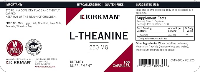 Kirkman – L-Theanine 250 mg - Hypoallergenic – 100 Vegetarian Capsules – Gluten Free – Casein Free – Amino Acid