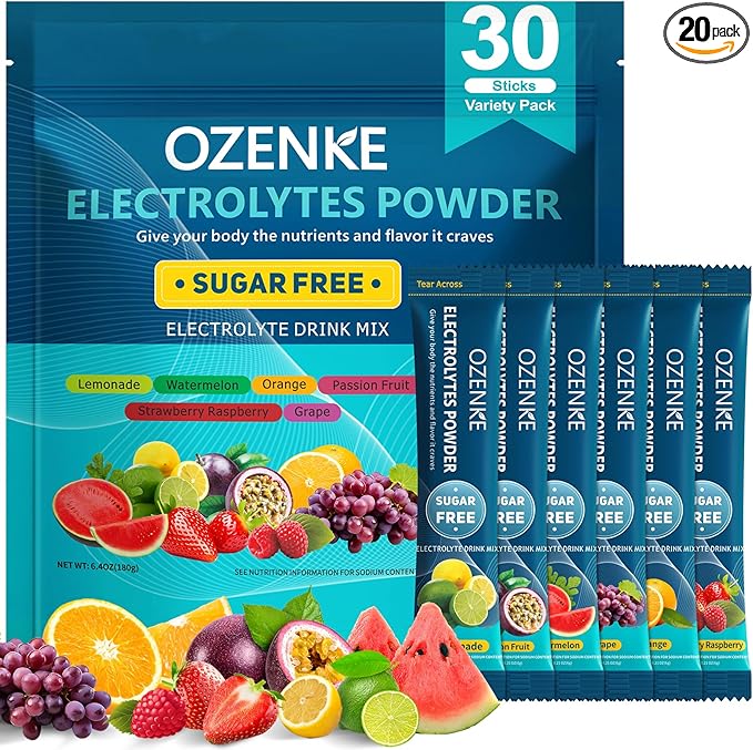 OZENKE Electrolytes Powder Packets, 30 Sticks Hydration Packets Sugar Free, Electrolyte Drink Mix Travel Electrolyte Packe...