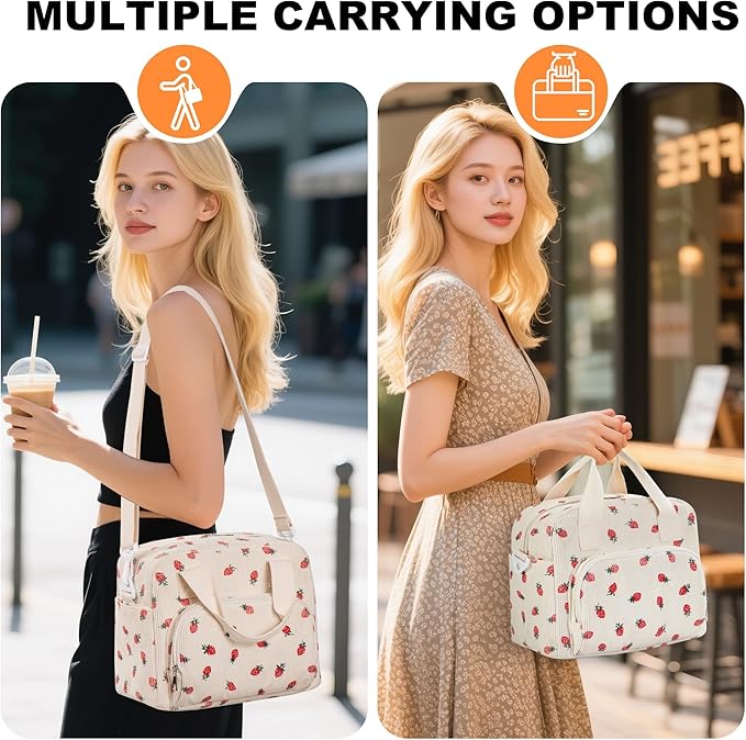 Large Lunch Bag for Women Strawberry Insulated Lunch Box Reusable Cooler Bag Portable Cute Corduroy Leakproof Tote Bags for Travel, Work, and Picnic