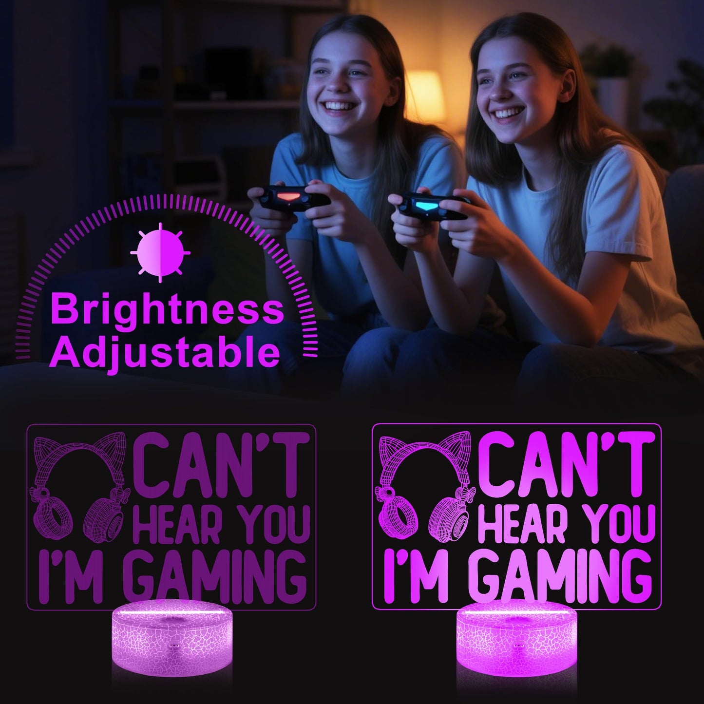 YuanDian 3D Illusion Gaming Night Light, Remote Control, 16 Colors, Cat Ear Headphones, Model FS-2810-9999, Acrylic Material