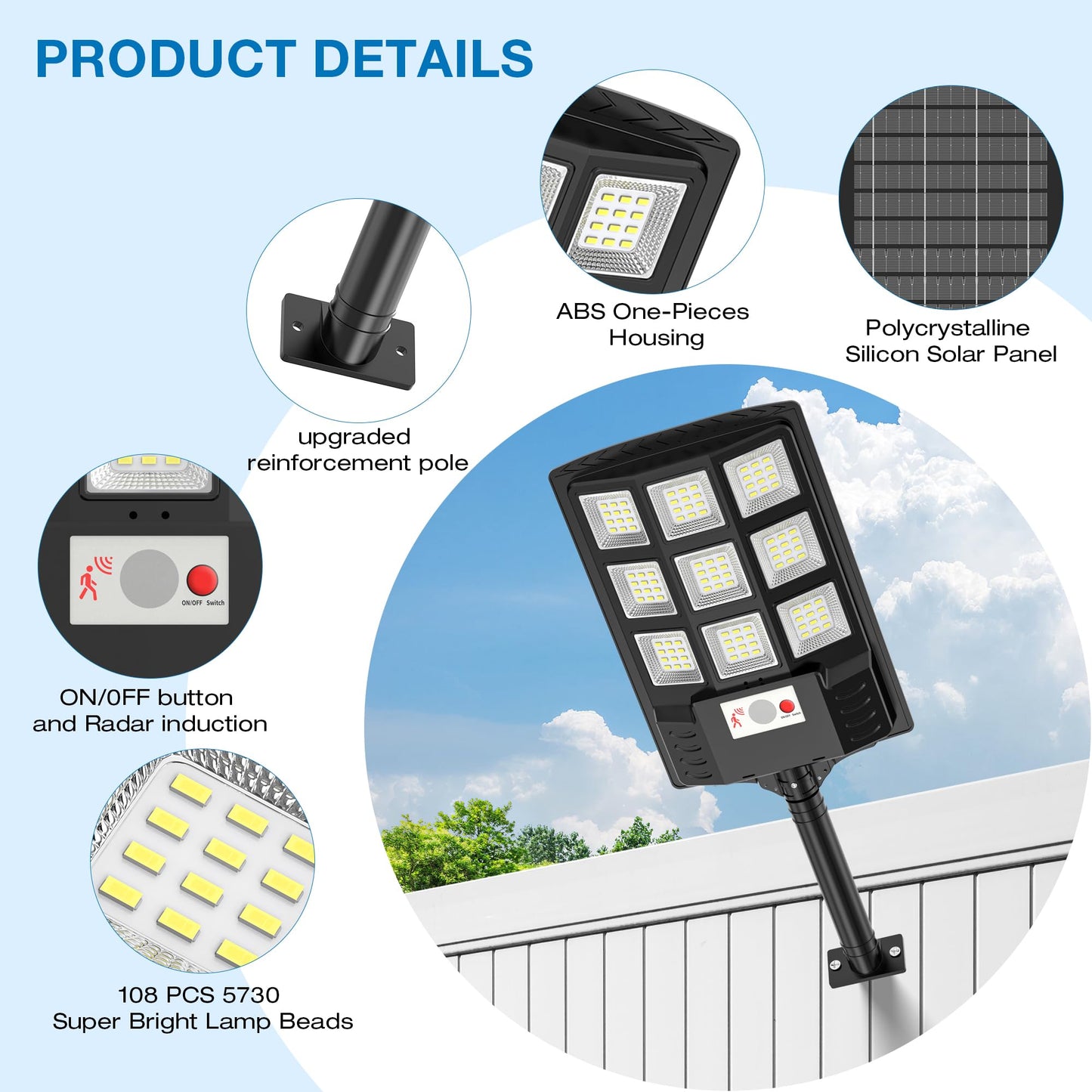 Vipzon Solar Street Lights - 6500K LED, Waterproof, 260° Flood Light, Motion Sensor, Remote Control, 1500W (6-Pack), Black