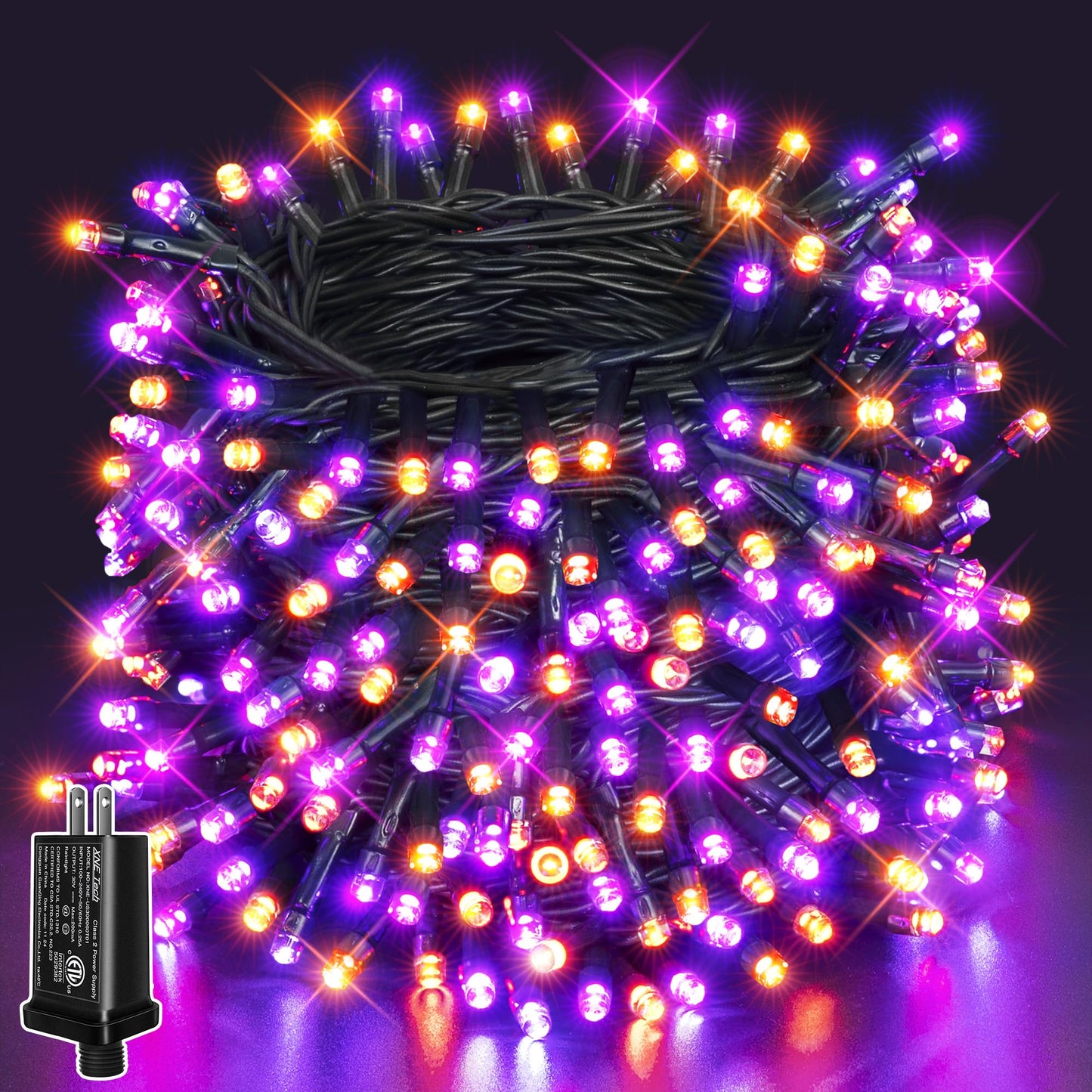 Guhope Halloween Lights, 200 LED Waterproof String Lights, 8 Lighting Modes, Orange + Purple, Model NYA0200C