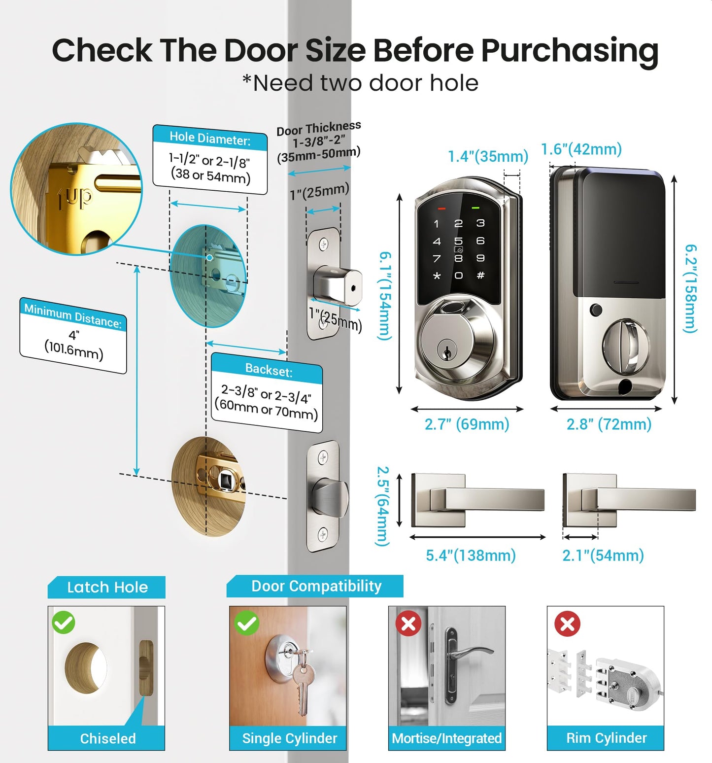 Veise VE07-L Fingerprint Smart Locks for Front Door with Zinc Alloy Handle Set, App Control, Keyless Entry, Electronic Digital Keypad Deadbolt, Auto Lock, Waterproof, Easy to Install, Matte Black