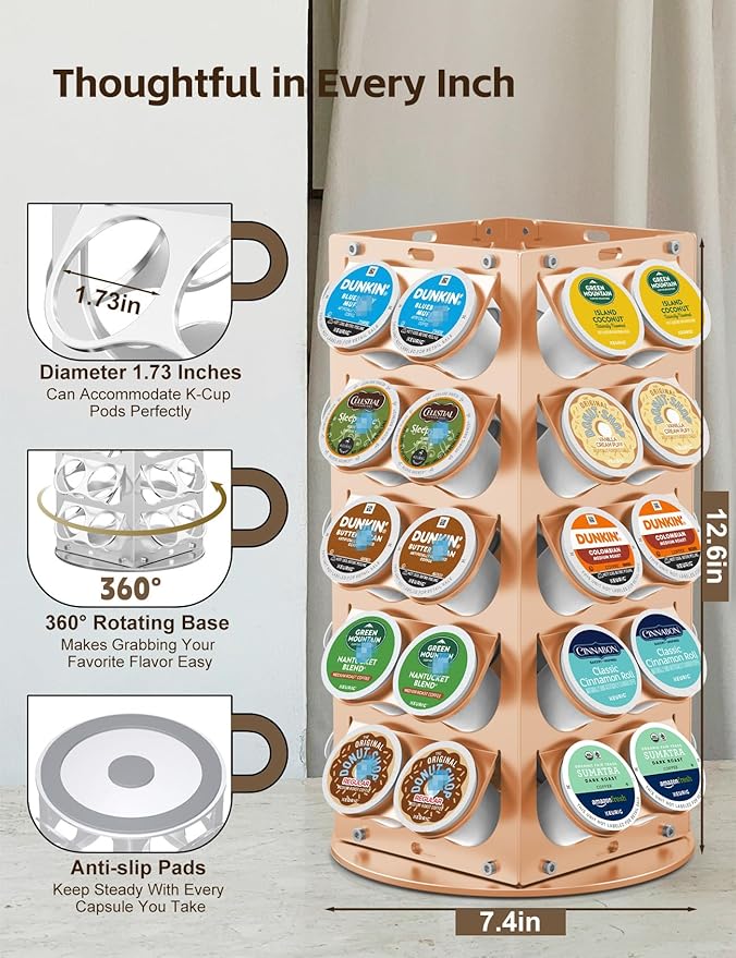 K Cup Holder, Coffee Pod Holder for Keurig – 360° Rotating Aluminum Coffee Organizer for Countertop,Saving Design with Anti-Slip Base for Kitchen or Office,Capacity of 40 Pods (Gold)