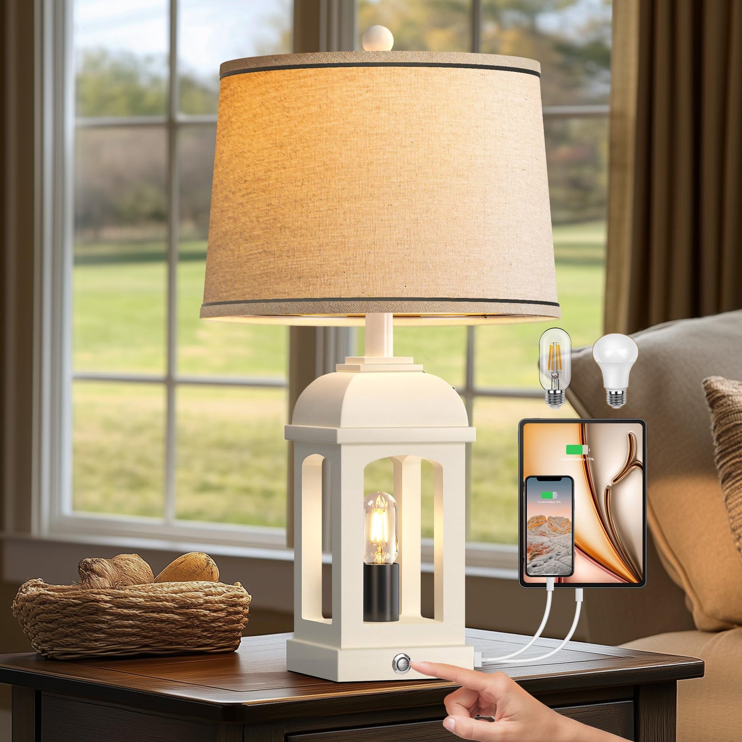 QiMH Table Lamp, Rustic Nightstand Lamp with 3-Way Dimmable Touch Control, USB A+C, 26in White, 1 Pack, Model STR-DL-0192