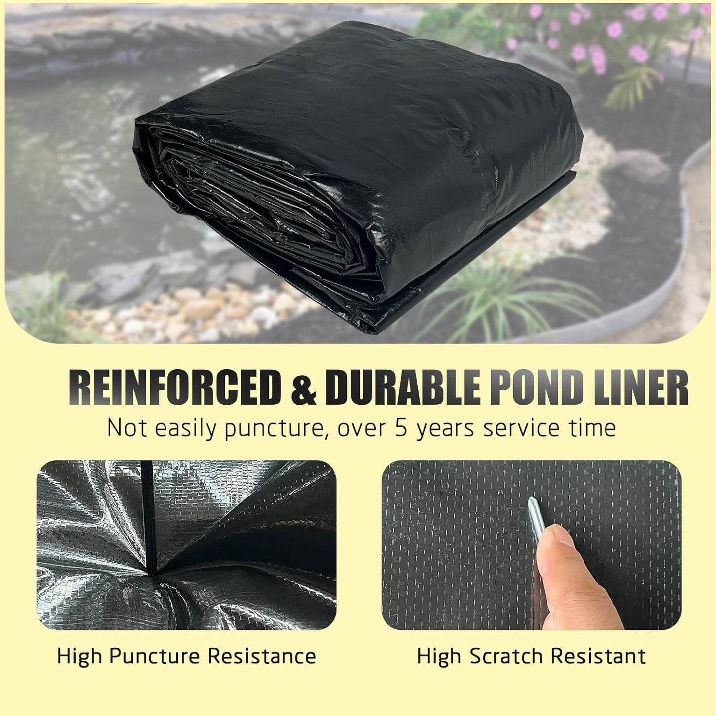 yeezoo 20x25FT Reinforced PE Pond Liner, KOI Pond Liners for Outdoor Ponds, Enhanced 5-Layer Structure Pond Liner for Fish, Duck, Garden Raised Bed and Waterscape Pond(0.82oz/sq ft Thickness)