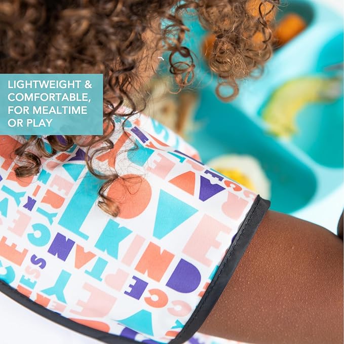 Bumkins - Junior Bib - For Boys & Girls, Toddlers & Kids 1-3 Years - Lightweight, Durable, Waterproof - Short Sleeve Bib - Catch-All Pocket - Wipeable & Machine Washable - Kindness - 2 Pack