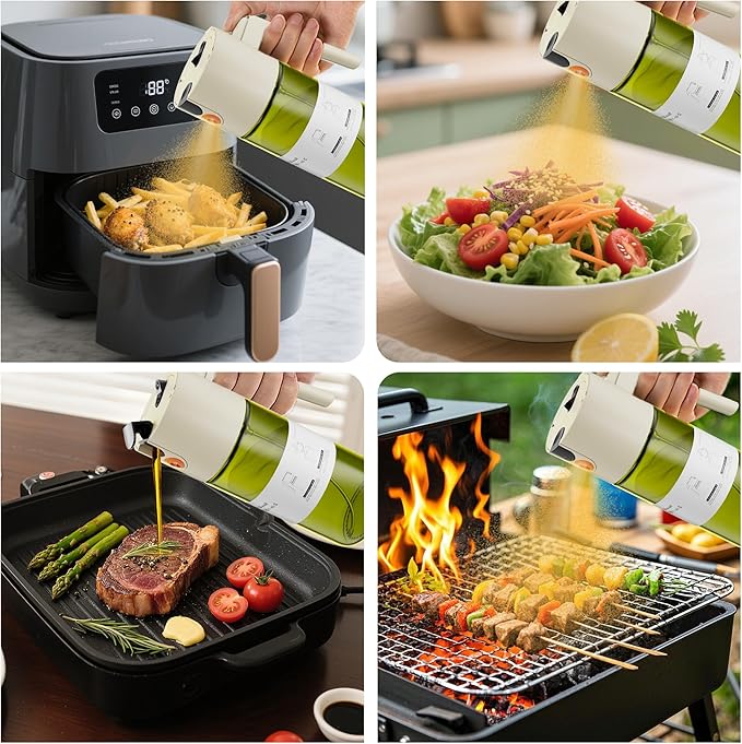Upgrade 2 in 1 Oil Sprayer for Cooking, Olive Oil Dispenser Bottle for Kitchen Gadgets with Stickers, 17oz/500ml Food Grade Light-Blocking Glass Spray Bottle for Salad, Air Fryer, BBQ