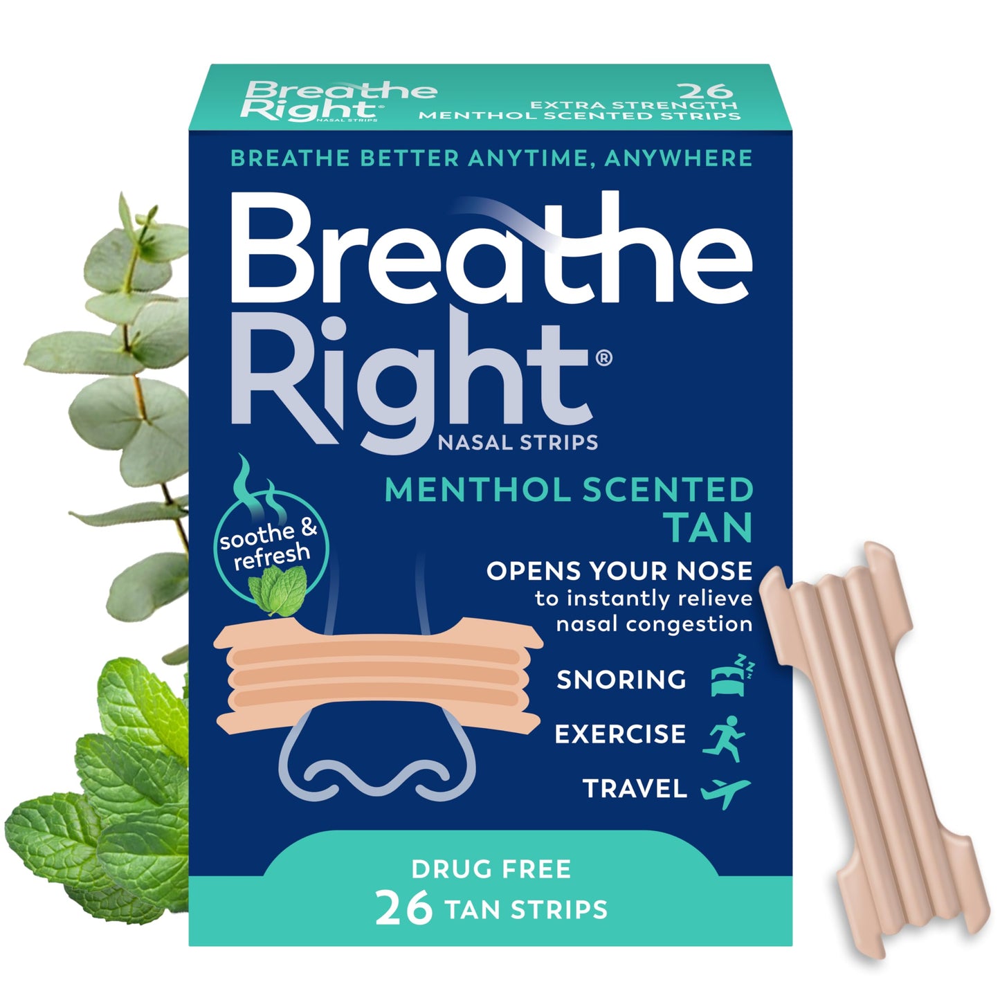 Breathe Right Extra Strength Nasal Strips, Menthol Scented, Drug Free, Less Snoring & Better Breathing from Nasal Congestion, Tan, 26 Count
