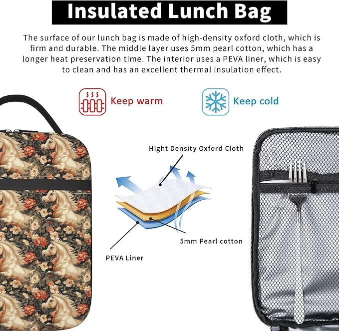 Horse Lunch Box for Women Kids Girls Insulated Lunch Bag Lunchbox Adults Lunch Tote Bags Reusable Cooler for Work Office School Picnic Travel