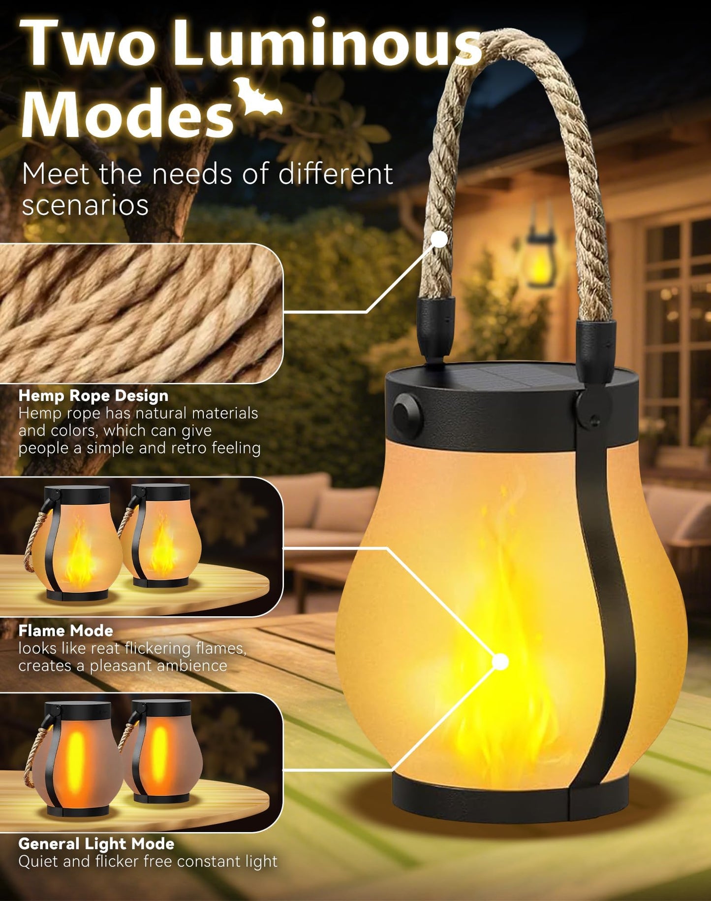 Kaliqo Solar Lantern Outdoor Lights - Waterproof Solar-Powered & Usb Rechargeable Outdoor Lantern With Realistic Flickering 3D Flame  Boho Rope Design  Dancing Flame Light For Patio  Yard (2 Pcs)