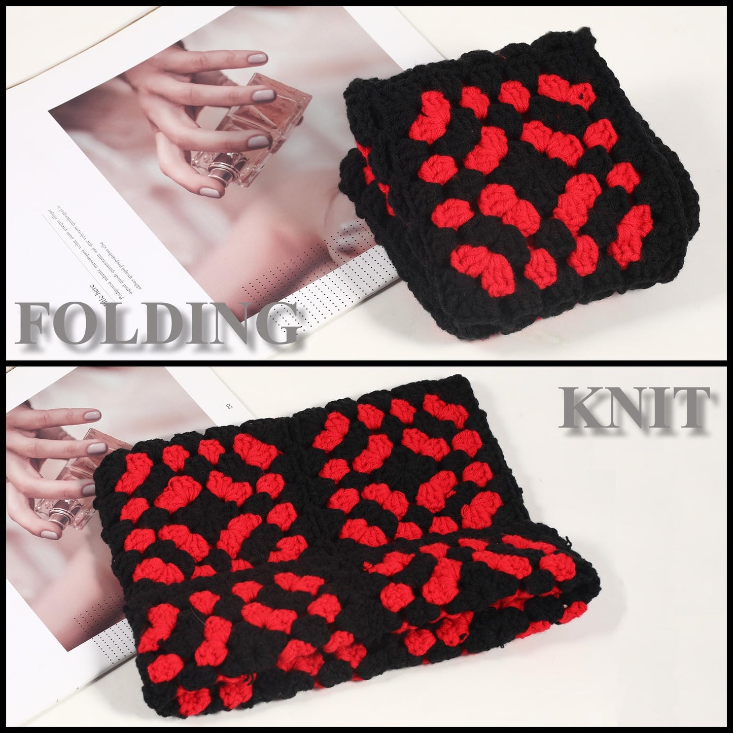 Crochet Hat for Women Cute Beanie Hat Cat Ears Cap Autumn and Winter Handmade Knitted Kawaii Slouchy Mixed Color (US, Numeric, 6 3/4, 7 1/2, Black and Red)