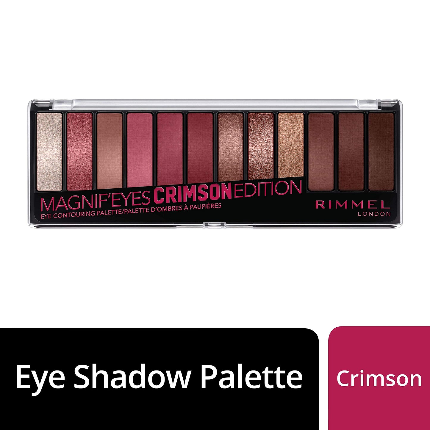 Rimmel London Magnif'Eyes Eyeshadow Palette, 12 Shades, Blendable Formula, Versatile, 007, Crimson, 0.5oz